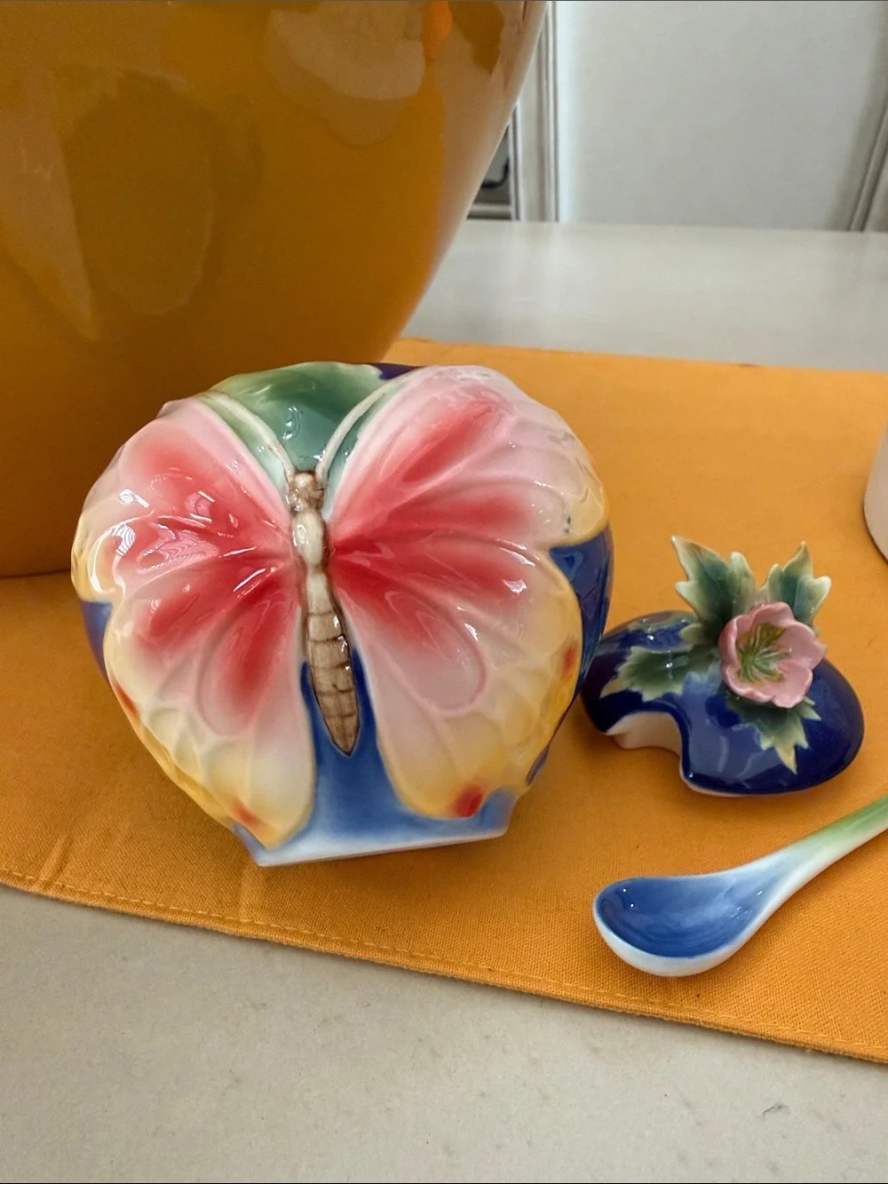 Pier 1 Blue Floral Ceramic Bowl with Pink Flower Chip Rest and Blue Spoon